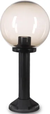 A black garden lamp with a smoky glass globe.