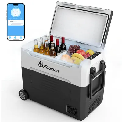 Produktbild von Foursun 55L Kompressor Kühlbox, tragbarer Autokühlschrank mit Bluetooth App-Steuerung, Kühl- und Gefrierfunktion, DC 12V/24V & AC 100-240V