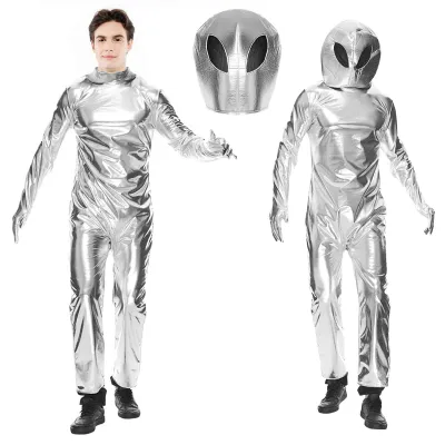 Produktbild von Silberne Alien-Kostümset mit Jumpsuit und Maske - Uni Erwachsene