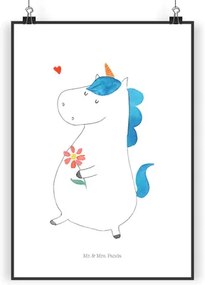 Produktbild von Mr. & Mrs. Panda Bild Einhorn Spaziergang DIN A3 - Weiß - Geschenk, Motivation, Blumen, wanddeko, Plakat, drucke, Einhörner, Freundin, Deko, Wandbild, Unicorn
