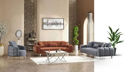 Produktbild von Sitzgruppe/Sofa Set - Wohnzimmergarnitur "Niva" 3+3+1-Grau/Orange