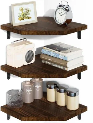 Imagen del producto de Estanterías de esquina flotantes Unyqoos® (juego de 3) fabricadas con madera de pino maciza al 100% – para montaje en pared, con ángulo ajustable hasta 110° – ideales para cocina, baño y salón