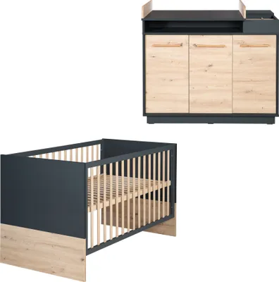Produktbild von roba Möbelset 'Lenn' 2-teilig - Kombi-Kinderbett 70x140 + Wickelkommode breit - Anthrazit - Nachbildung 'Artisan Eiche'