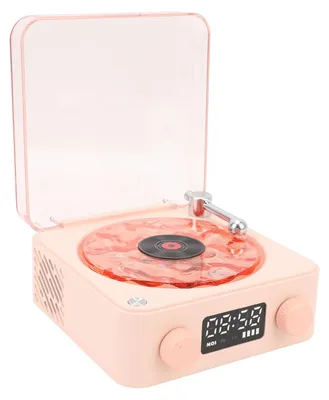 Productafbeelding van Vintage Platenspeler-luidspreker met Nachtlampje en Klok - PINK