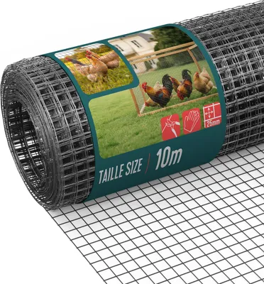 Produktbild von VOUNOT® Drahtgitter 0.5x10m auf Rolle, Maschenweite 25 mm, Drahtstärke 1 mm, PVC Grau