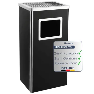 Produktbild von DELUKE® Standaschenbecher für Draußen 45L - Stahl 30x24x61cm | Mülleimer mit Aschenbecher Abfalleimer mit Inneneimer Standascher Outdoor, Schwarz
