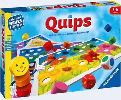 The image shows the packaging of the Ravensburger Quips board game, with game components visible.