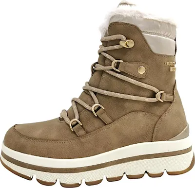 A single tan winter boot with white and gold accents is shown against a white background.
