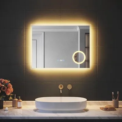 Productafbeelding van Badkamerspiegel met LED Verlichting en Digitale Klok, 3x Vergroting, Anti-condens, 80 x 60 cm