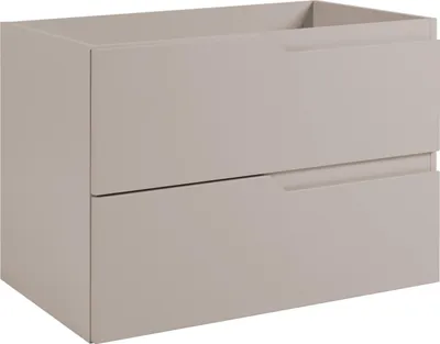 A beige matte vanity unit with two drawers, shown from a 3/4 front view.