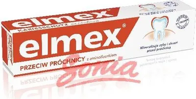 A box of Elmex toothpaste against a white background.
