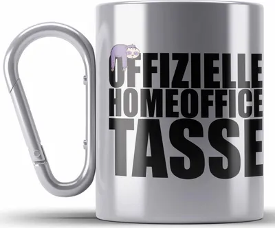 Produktbild von Trendation - Offizielle Homeoffice Edelstahl Tasse Karabiner Faultier Lustig - Geschenk Männer, Home Office Spruch KaffeEdelstahl Tasse Karabiner Beidseitig Bedruckt (Silber)