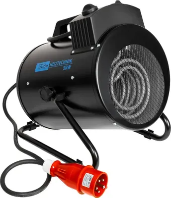 A black electric heater with a red plug is shown against a white background.