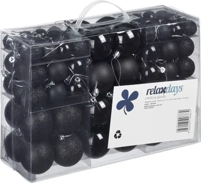 Produktbild von Relaxdays Weihnachtskugeln, 100er Set, Weihnachtsdeko, matt, glänzend, glitzernd, Christbaumkugel ∅ 3, 4 & 6 cm, schwarz