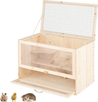A wooden hamster cage with multiple levels and a mesh lid.