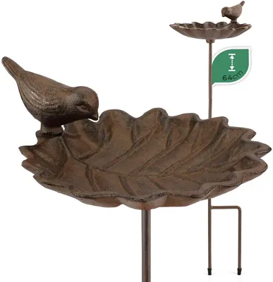 Produktbild von WILDLIFE FRIEND Vogelbad Garten auf Stange | Stabiles Gusseisen-Design | 3-in-1 Wasserstation, Bad und Futternapf | Frostsicher und elegant | Perfekt für Balkon und Garten | Blattform