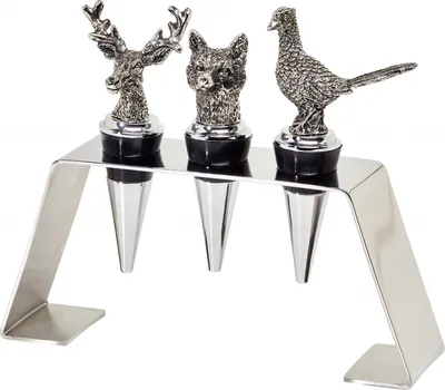 Produktbild von EDZARD 3er Set Edelstahl Flaschenverschlüsse mit Ständer, Hirsch, Fuchs, Fasan, Höhe 9 cm