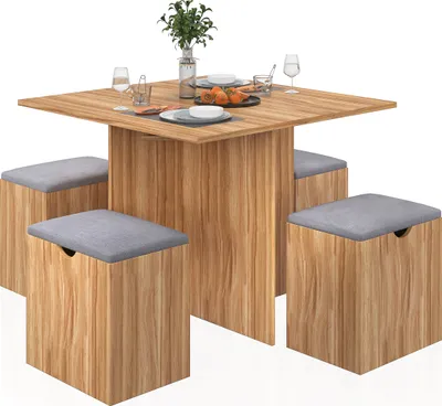 A dining set with a wooden table and four storage stools with gray cushions, presented on a white background.