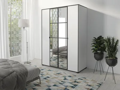 Produktbild von Easy4You OSLO I Weiß Schiebetürenschrank Kleiderschrank 150x206x65 cm mit Spiegel - Schlafzimmermöbel, Aufbewahrung – Mehrzweckschrank mit Kleiderstange