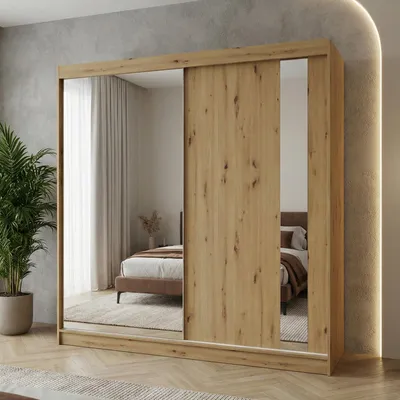 Produktbild von Beautysofa GAJA Schwebetürenschrank 200 cm mit Spiegel, Kleiderschrank 2-türig, Schlafzimmer Schrank modern, Artisan/Artisan ohne Schubkasteneinsätze