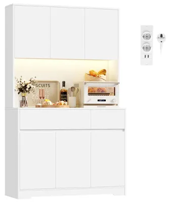 Produktbild von Hoher Küchenschrank - Sideboard Hochschrank - 180 x 100 x 38,5 cm - LED-Beleuchtung - Steckdose - 6 Türen 2 Schubladen - Verstellbare Einlegeböden - Weiß