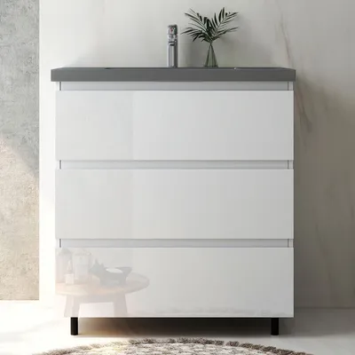 Produktbild von Badmöbel Set 80 cm Alast Hochglanz Weiß Waschbecken Dunklegrau mit Unterschrank Hängeschrank mit Schrankfüße Softclose