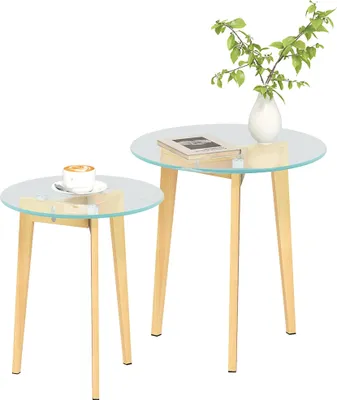 Image de Tables de salon - Ensemble de tables basses 2 pièces - Verre trempé - Structure en acier - Peu encombrant - Dimensions 50x50x45 cm - Transparent