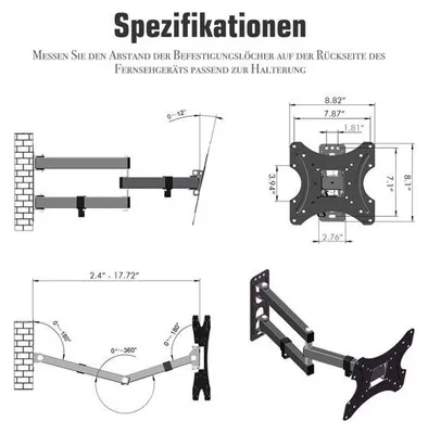 Produktbild von TV Wandhalterung schwenkbar 180 Grad neigbar 15 Grad für LCD LED Fernseher 17 bis 55 Zoll mit VESA 200 x 200 mm Wandabstand 65 bis 350 mm Traglast 30 kg