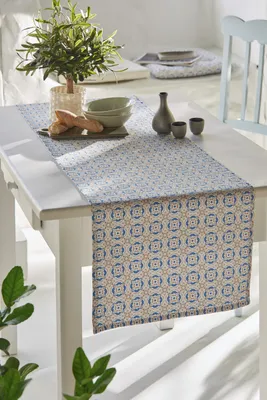 Produktbild von Tischläufer "Santorin" weiß / blau / beige, 100% Baumwolle, 40x140 cm, Mitteldecke