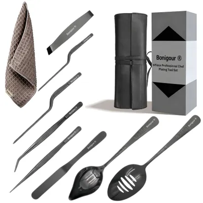 Anrichtewerkzeug-Set, 9-tlg., Edelstahl, schwarz, Pinzetten & Spatel
