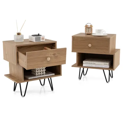 Immagine prodotto di Set di 2 comodini COSTWAY, comodino con cassetto, vano a giorno e gambe in metallo, tavolino da divano console da comodino 44 x 29 x 47 cm