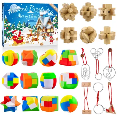 Obrázek produktu pro Adventní kalendář 2026 s 24 kovovými plastovými a dřevěnými puzzlemi hlavolamy pro dospělé mládež a děti adventní puzzle pro celou rodinu