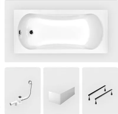 Produktbild von Rechteckige Badewanne - 160 x 70 cm - mit weißer Frontschürze - Füße - Chromablauf - ARIA