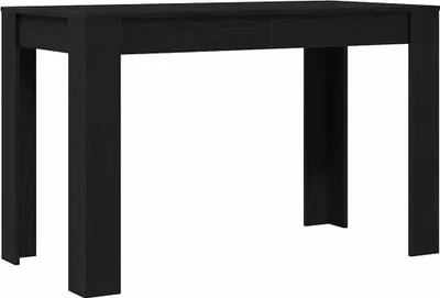 A black wooden dining table with two legs on each side, shown from the front.