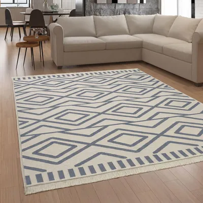 Image de Tapis de salon et de couloir, lavable, style scandinave, à franges, réversible, gris crème, dimensions 140 x 200 cm