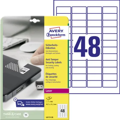 Immagine prodotto di AVERY Zweckform L6113-20 AVERY Zweckform Sicherheitsetiketten, 45,7 x 21,2 mm