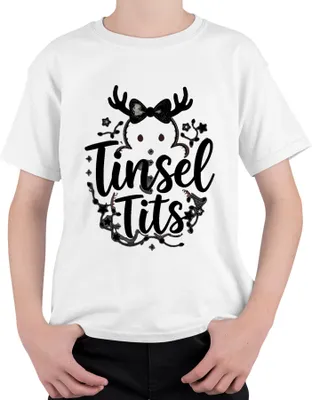 Produktbild von Tinsel Tits lustig Weihnachten Geschenk Rentier Geweih Glitzer Uni Kinder T-Shirt, Weiß, 116