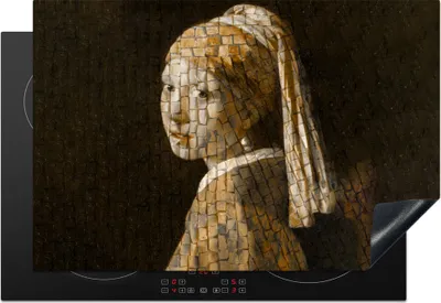 Produktbild von KitchenYeah© Herdabdeckplatte Mädchen mit Perlenohrring - Vermeer - Mosaik , 76x51cm, Küche Deko, Glaskeramikkochfeld Herdabdeckung, Abdeckplatte fùr Kochfeld