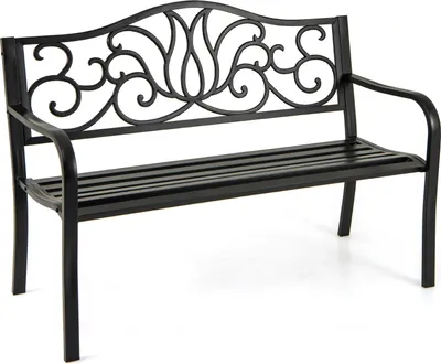 Produktbild von GOPLUS 2-Personen Gartenbank, Sitzbank Outddor mit Blumenmuster, geneigter Rückenlehne, Gitteroberfläche, Metallbank, Schwarz, 127 x 61,5 x 89 cm