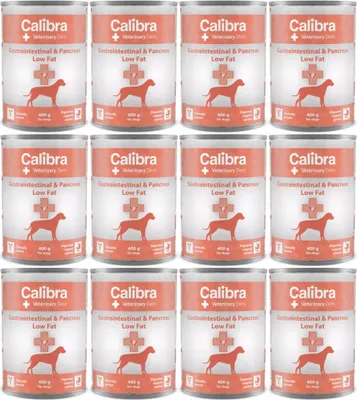 A grid of twelve cans of dog food, arranged in two rows of six.