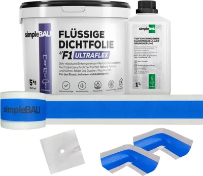 Produktbild von SimpleBau Flüssigfolie Dichtfolie F1 Ultraflex 5kg + Tiefengrund 1L + Elastisches Dichtband 10M + 2 Innenecken + 1 Wandmanschetten ,Abdichtung für Bad