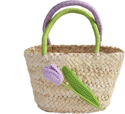 Produktbild von 360Home Kindertasche Korb Handtasche aus gewebtem stroh Blume Lila