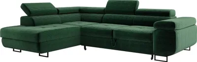 A green sectional sofa with adjustable headrests against a white background.