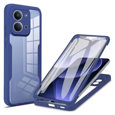 A blue and transparent phone case is shown from two angles against a white background.