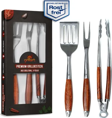 Produktbild von grillart® Premium Grillbesteck Set, 3-teilig aus hochwertigem Edelstahl und edlen Holzgriffen