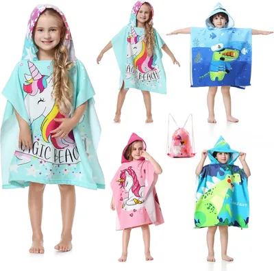 Zdjęcie produktu dla Poncho kąpielowe dla dzieci, mikrofibra, z kapturem, miękkie i chłonne, idealne na plażę i do kąpieli