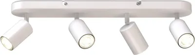 A white four-light track spotlight fixture against a white background.