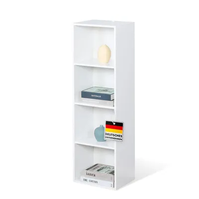 A white, four-shelf bookcase is shown against a white background.