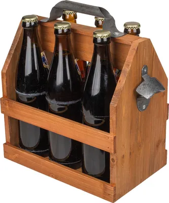 Obrázok produktu pre Držiak na fľaše Nosič na pivo Drevený nosič na 6 fliaš s otváračom na fľaše 0,5