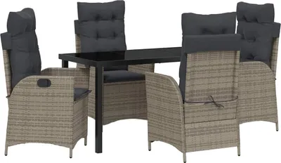 Produktbild von Garten Essgruppe, 5-teilig mit verstellbaren Stühlen, Poly-Rattan & Stahl, Glastischplatte, Grau, 4 Sitzplätze, 110 kg pro Sitz